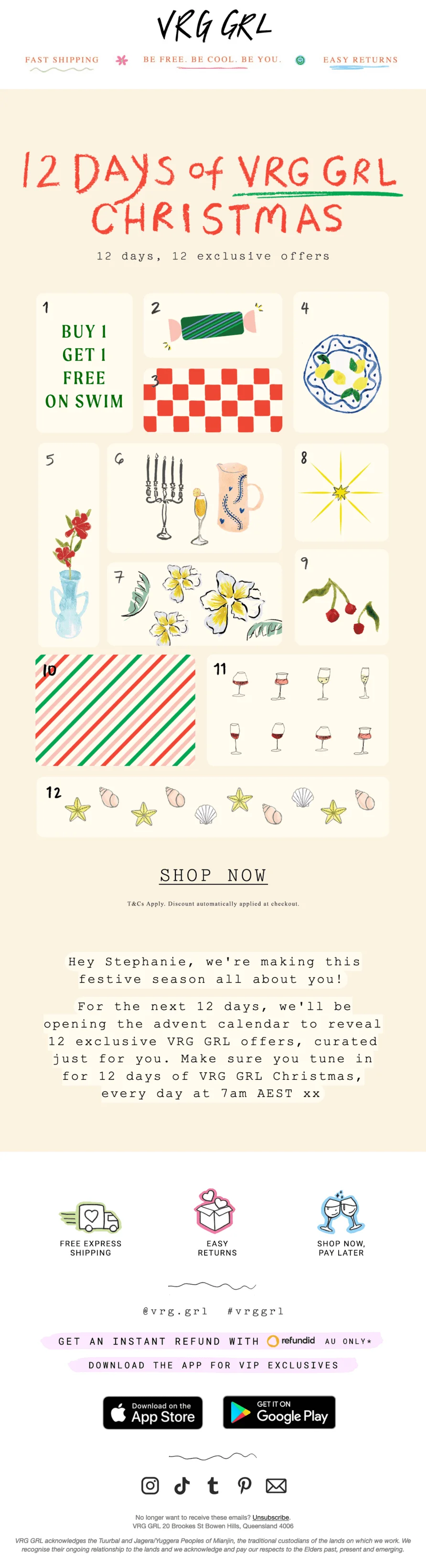 An email with the banner text 12 days, 12 exclusive offers. Below the text are 12 festive images similar to an advent calendar
