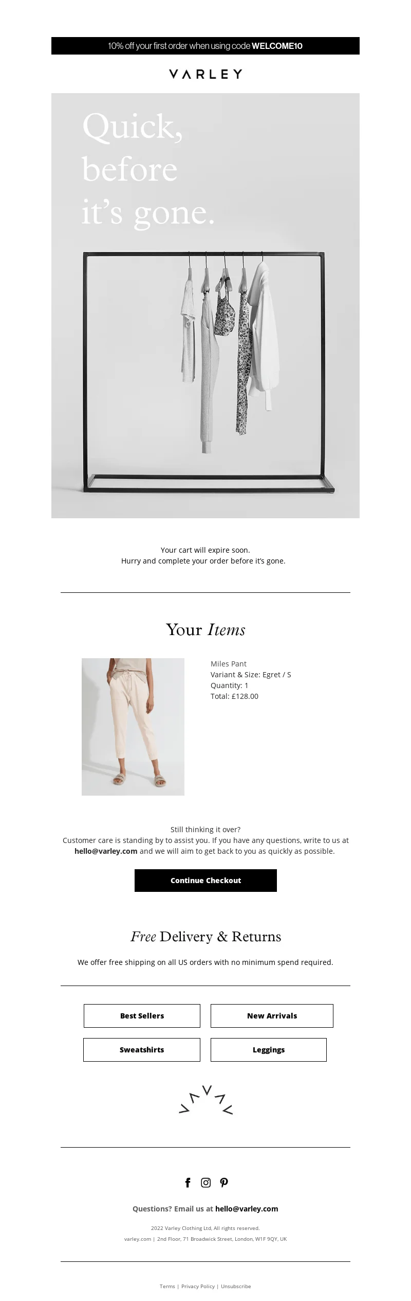 Cart abandonment email from Varley
