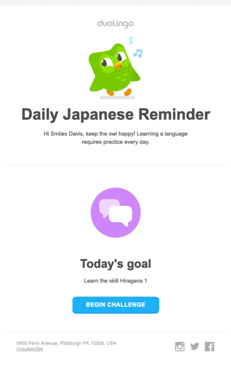Retention email from Duolingo