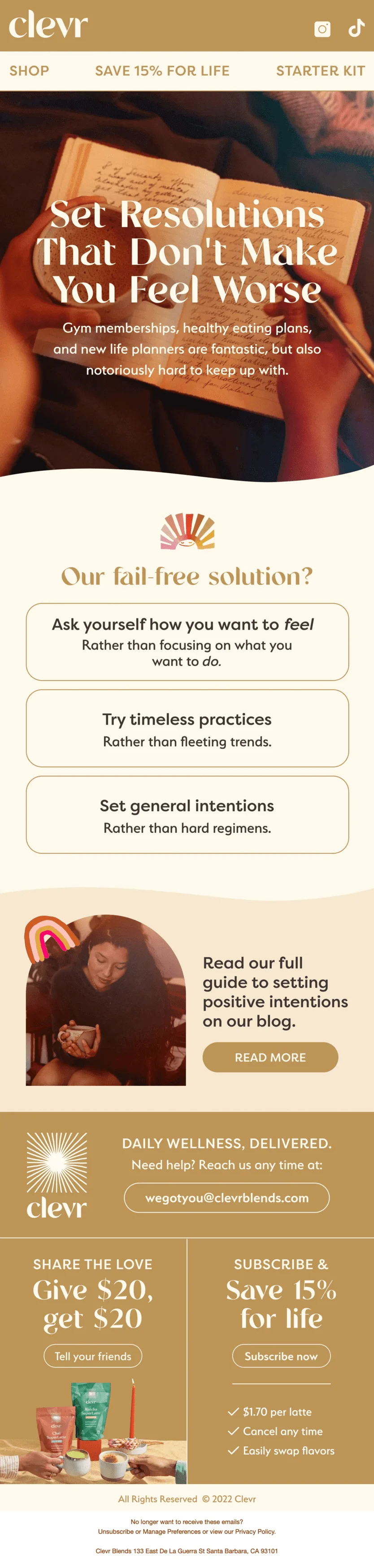 A New Year resolutions email with three fail-free solutions to creating resolutions that make a person feel better and not worse