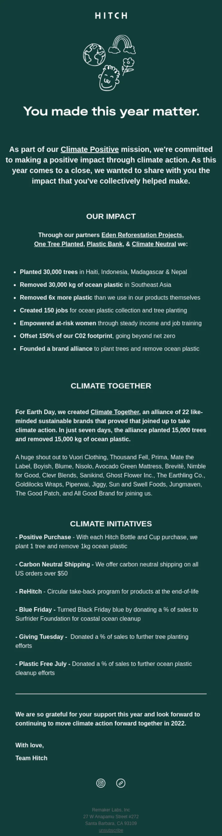 New Year newsletter from Hitch describing the brand’s impact and climate initiatives