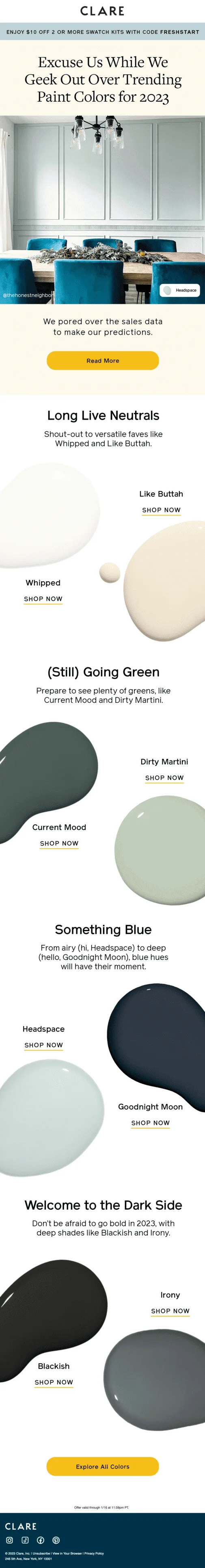 A Clare email trending paint colors for 2023 including neutrals, blues, and darks