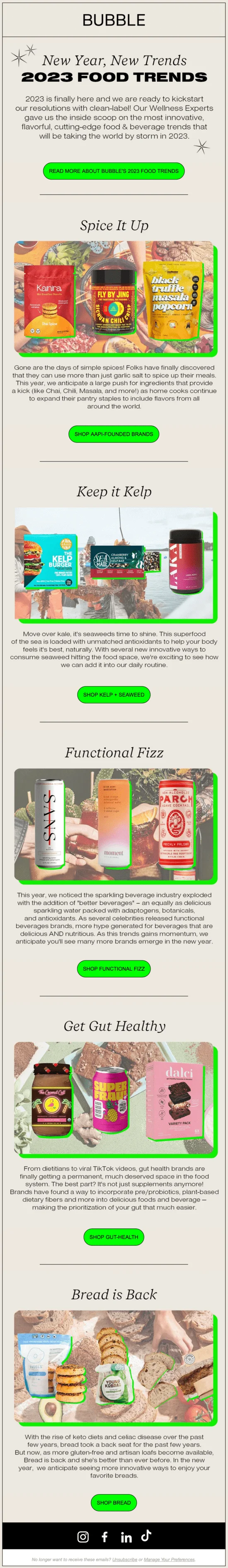 A Bubble email about the food trends for the upcoming year including spices, kelp, bread, etc.