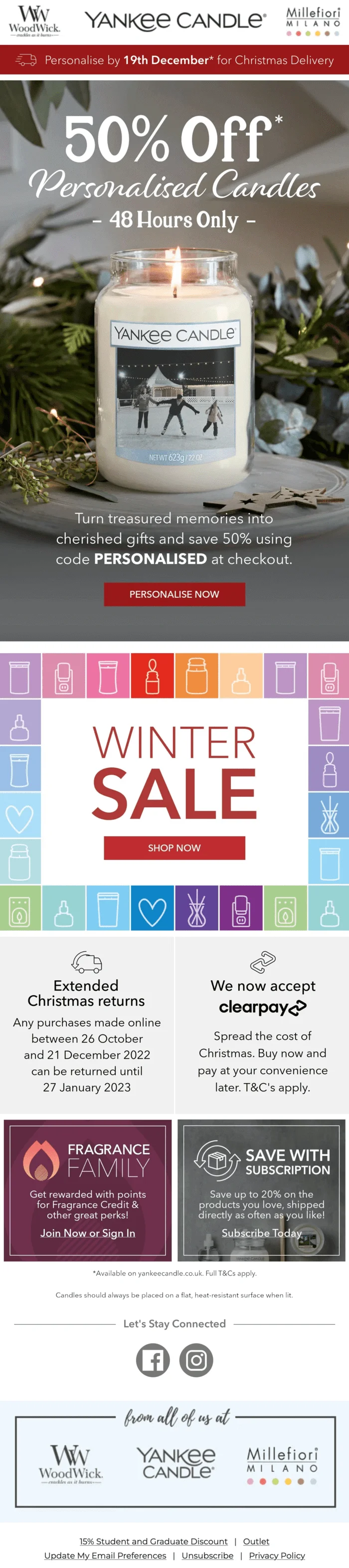 A Christmas email with a banner stating 50% off personalized candles for 48 hours only