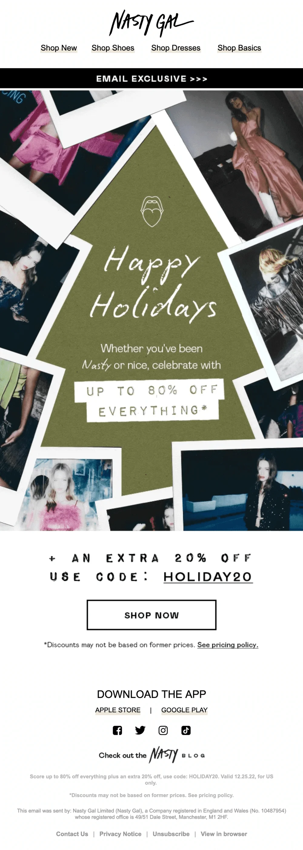 An email with a Christmas tree banner surrounded by Polaroid pictures and with the text Happy Holidays on it