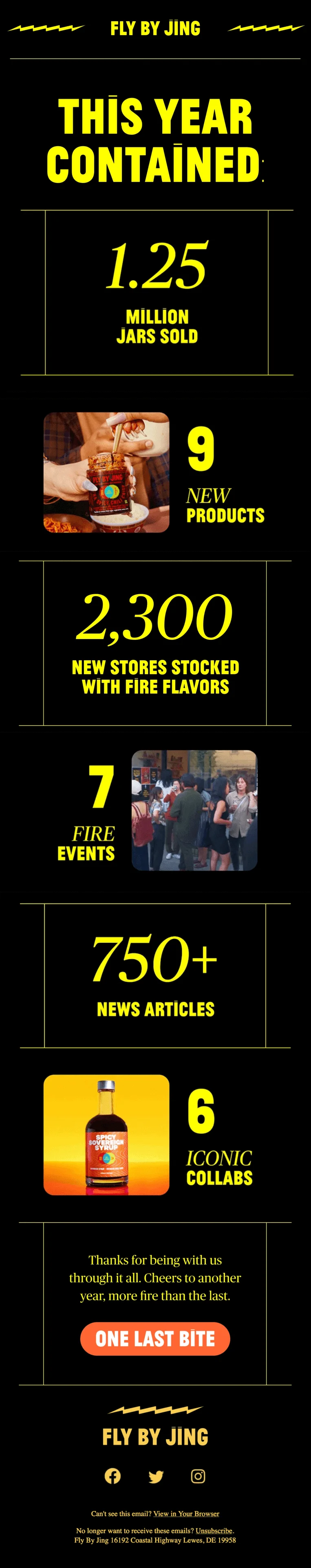 New Year newsletter from Fly By Jing with the brand’s sales, events, news articles, and collabs data
