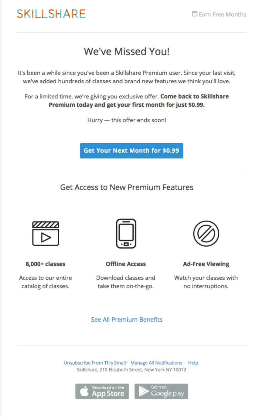 Win-back email from Skillshare