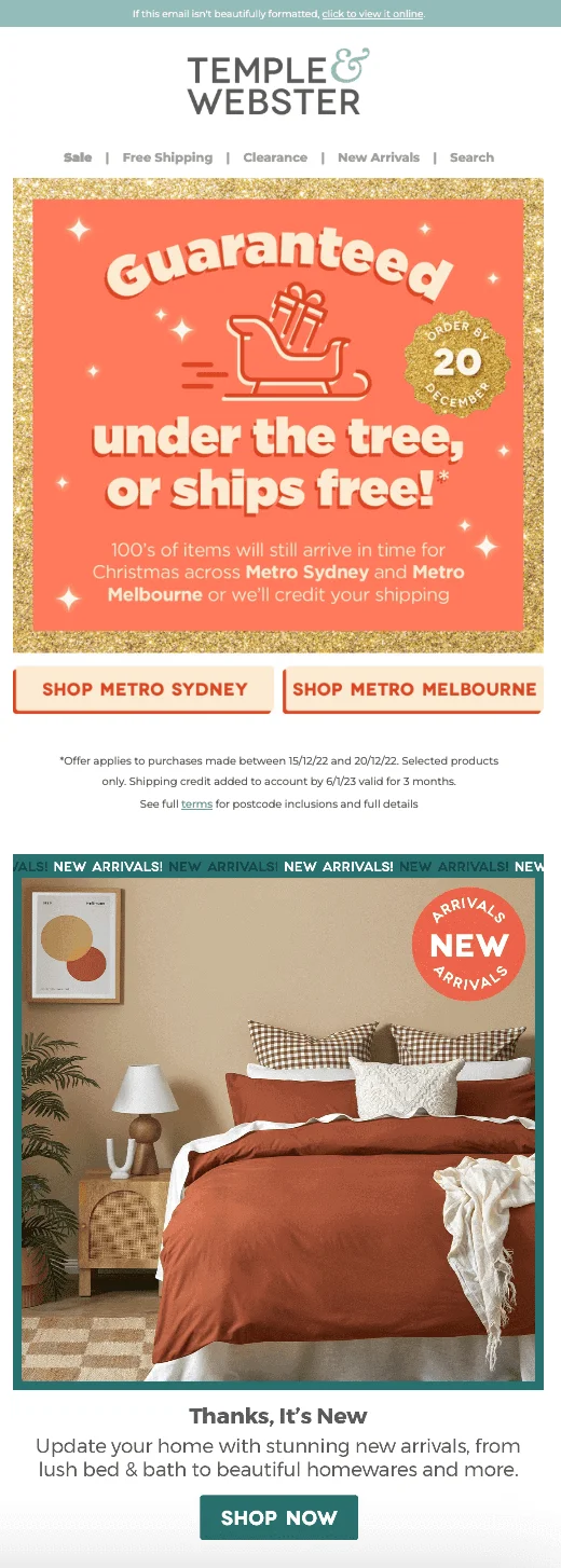 An email with a banner showing a sleigh with a gift and the text saying Guaranteed under the tree, or ships free!