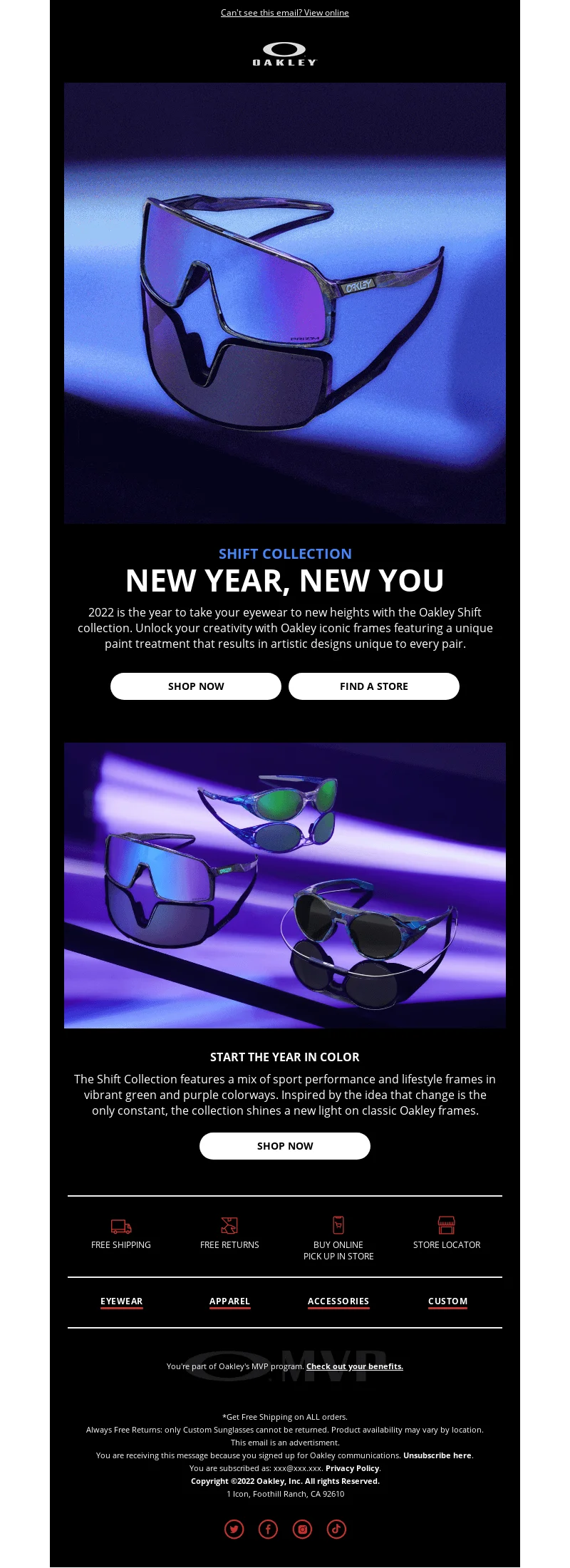 New Year email from Oakley advertising the new Shift collection
