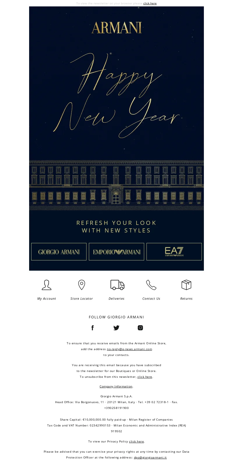 New Year email from Armani with a black and gold banner illustration showing a building