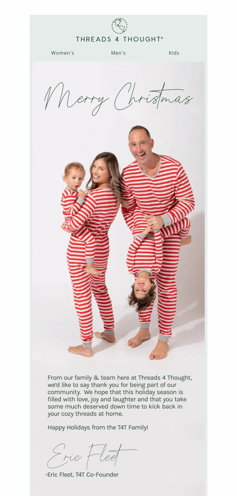 An email with a message from the family and team at Threads 4 Thought signed by the company’s co-founder