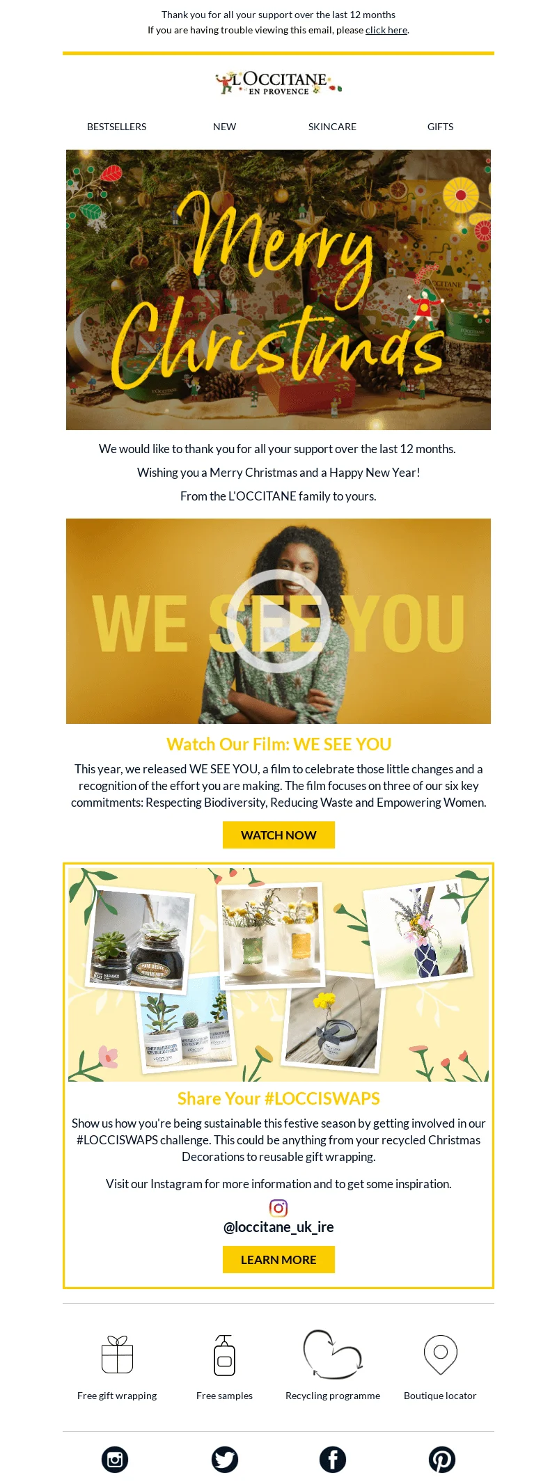 An email from L'Occitane en Provence with a banner photo with the text Merry Christmas written in yellow and a collage on a yellow background