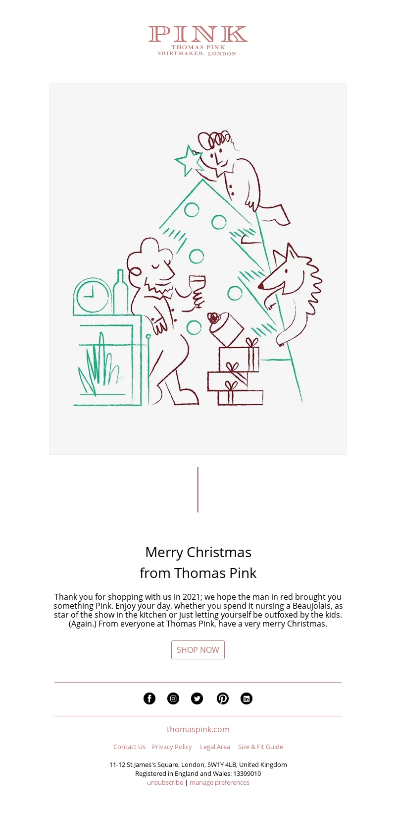 An email with a minimalistic illustration of two people and a wolf by a Christmas and a text saying Merry Christmas from Thomas Pink