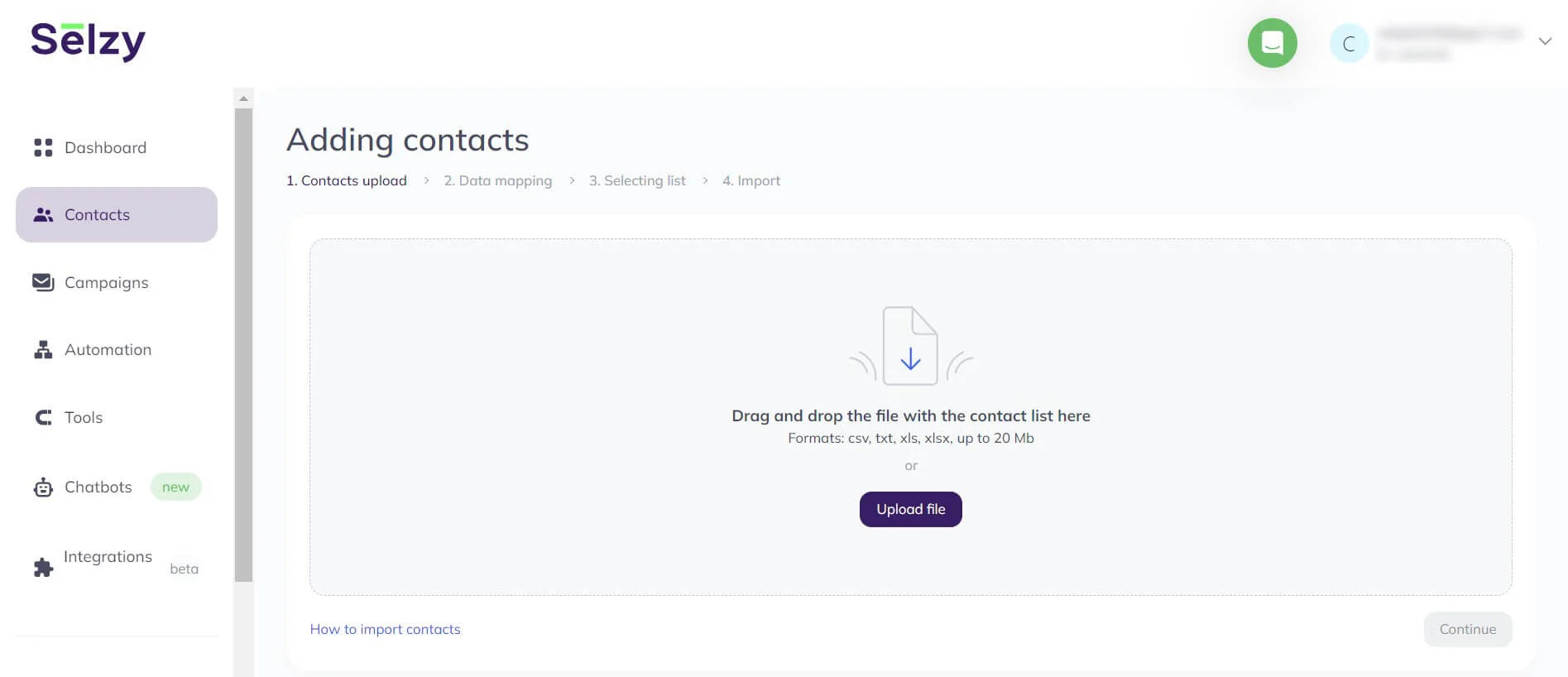 A screenshot of Selzy’s importing contacts process
