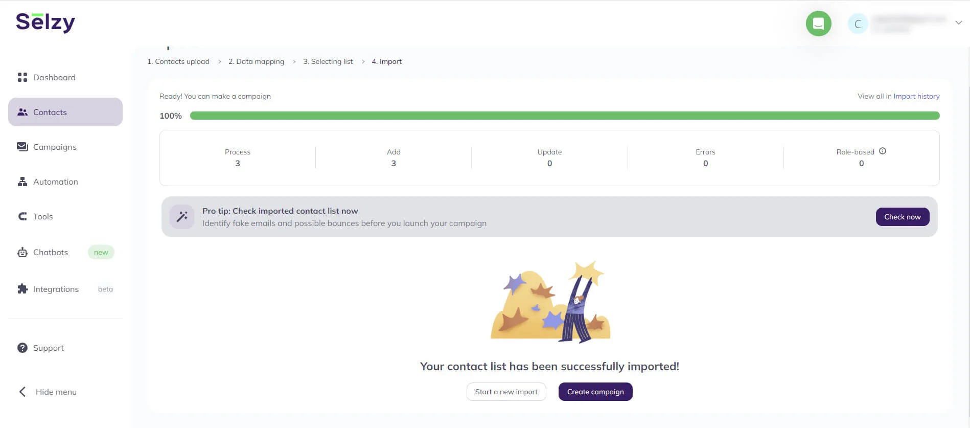 A screenshot of Selzy’s importing contacts success state
