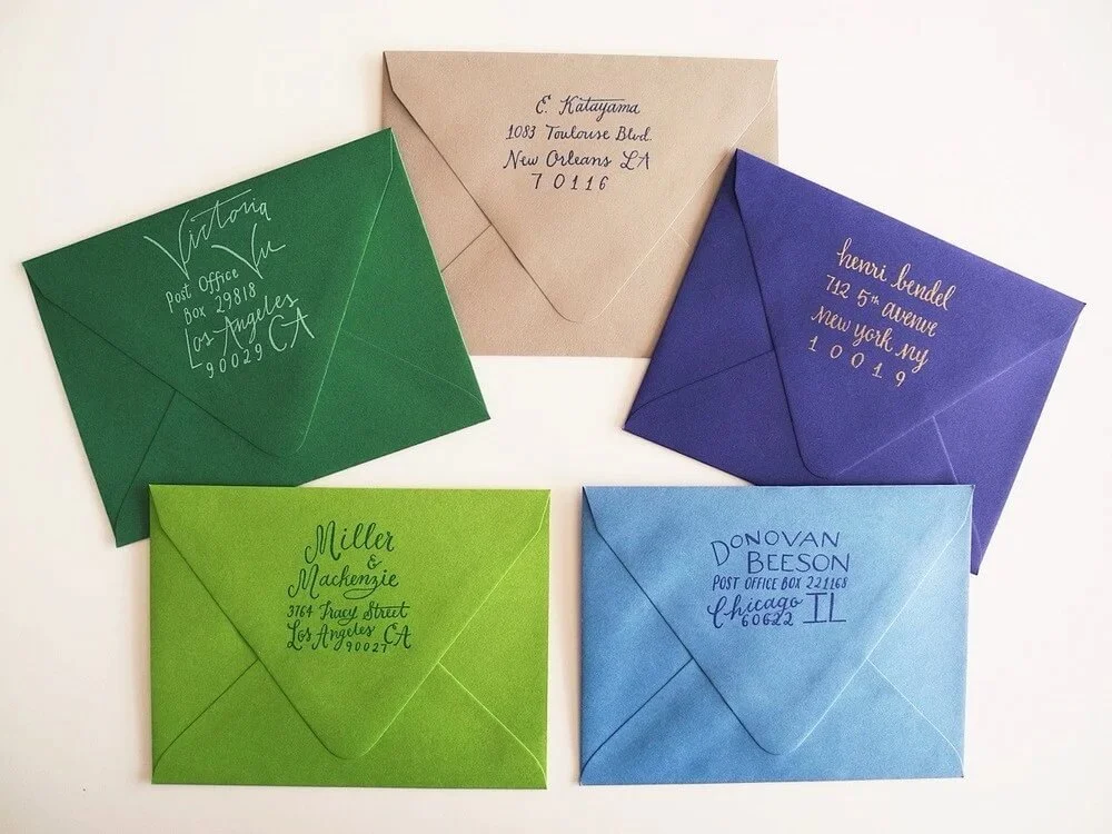 Custom calligraphy return address stamp for direct mail