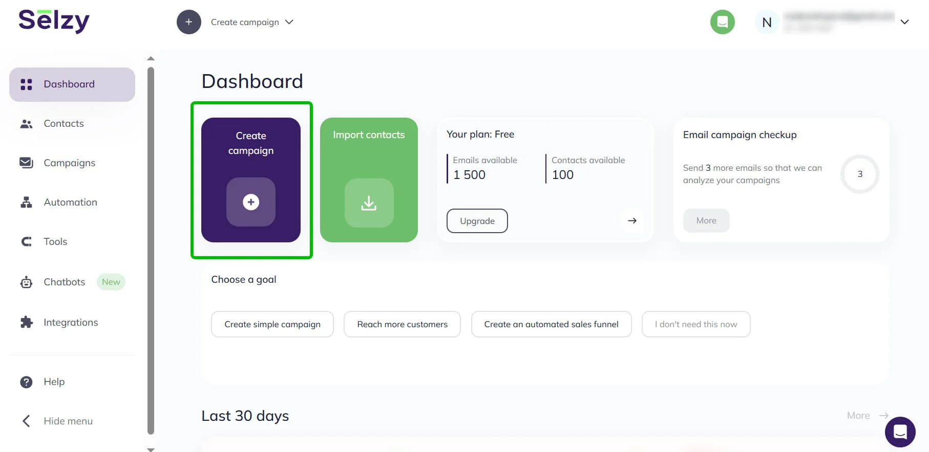 A screenshot of Selzy’s main dashboard
