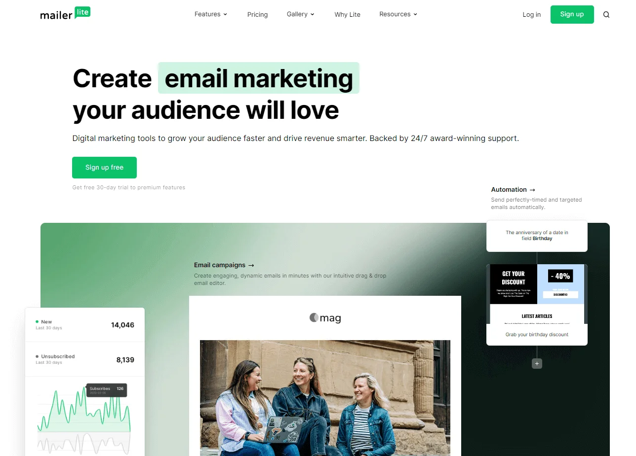 MailerLite’s main page