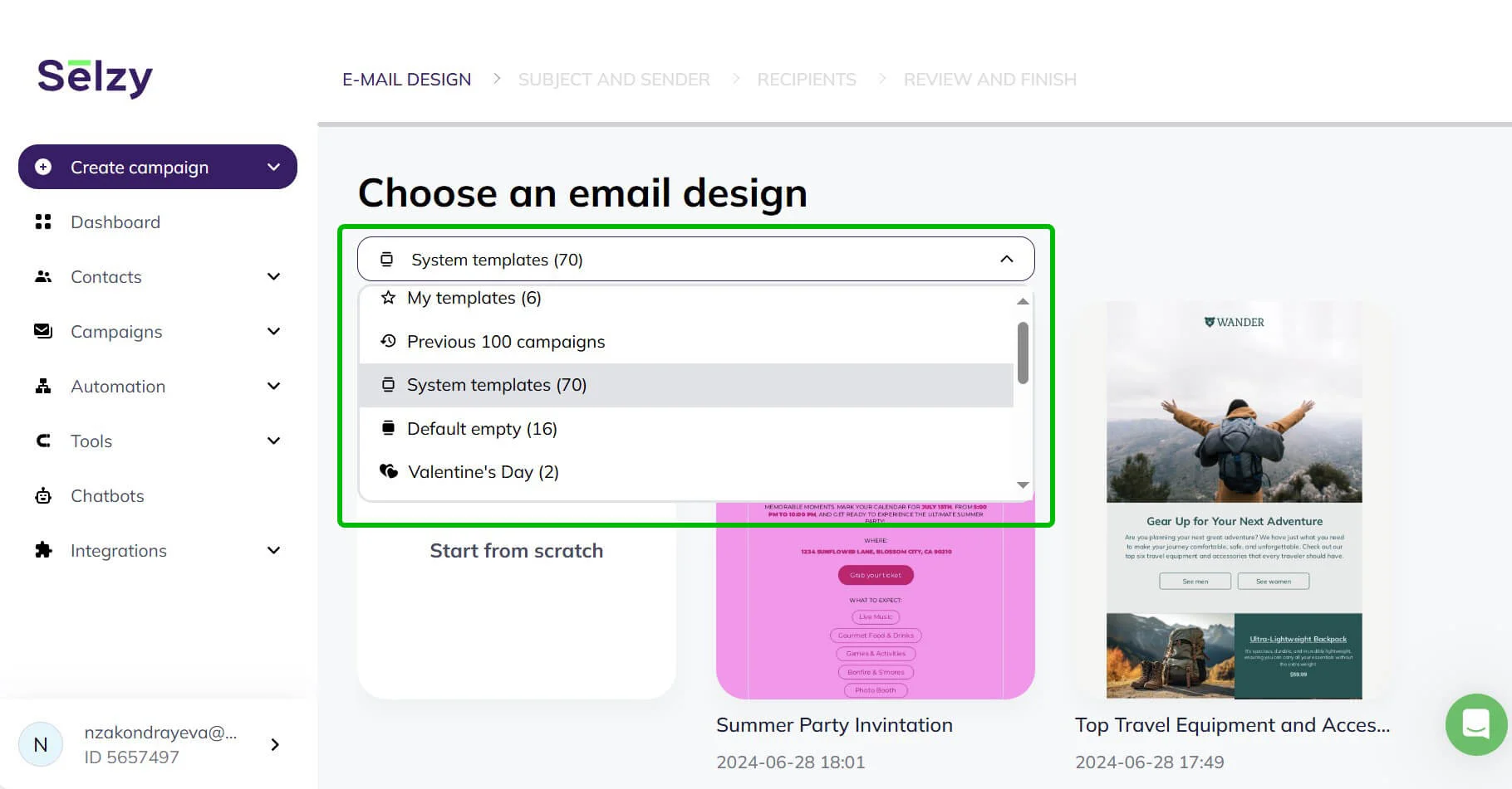 A screenshot of Selzy’s template dashboard