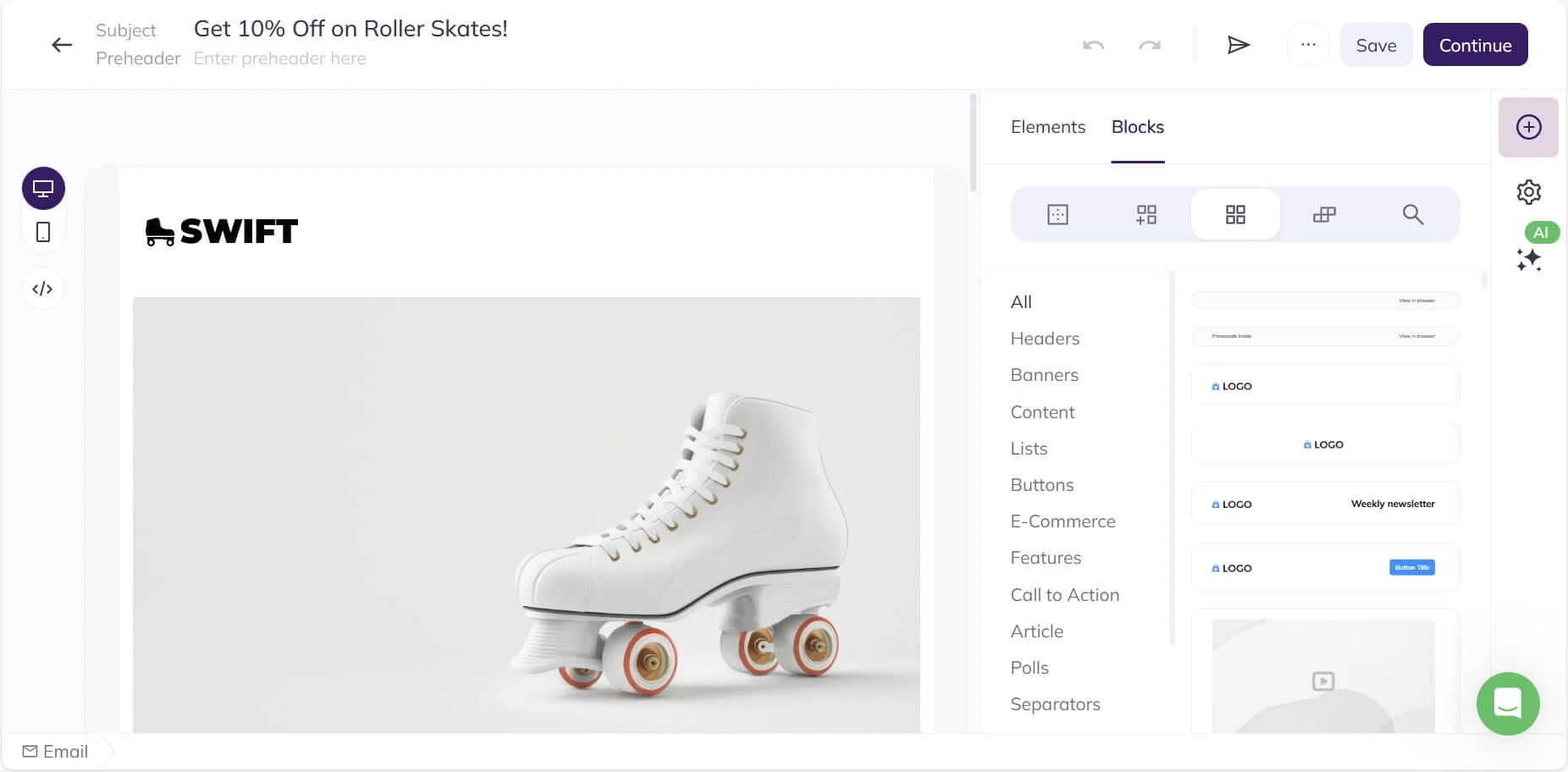 A screenshot of Selzy’s email builder