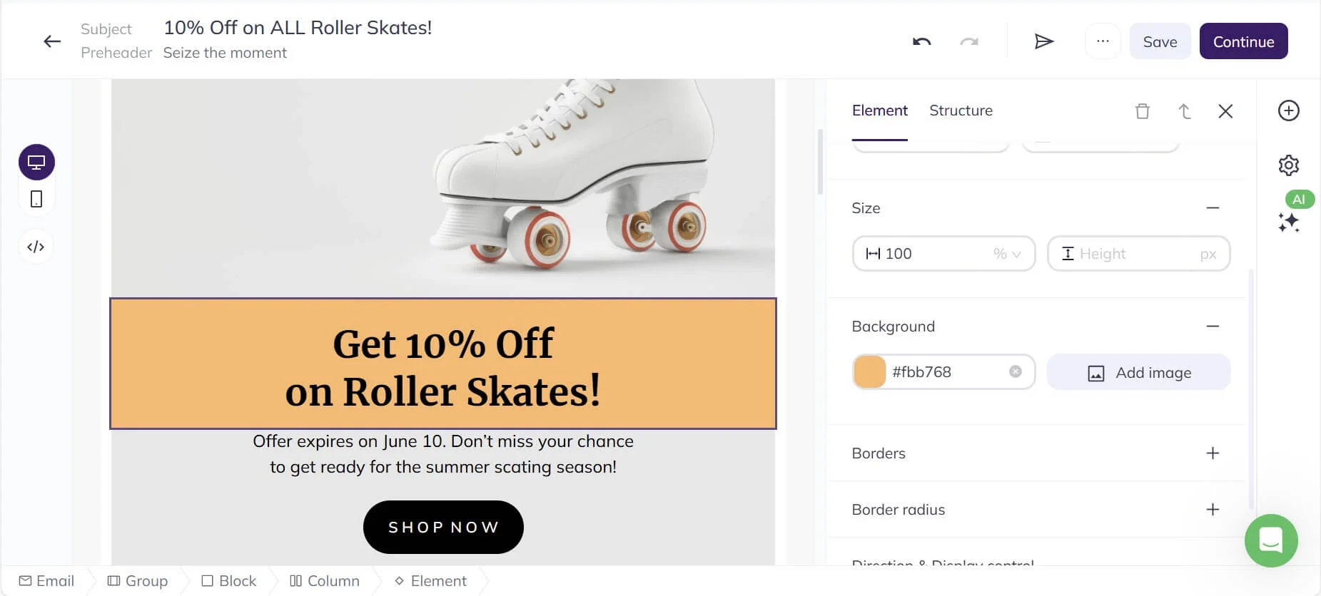 A screenshot of the customized email template
