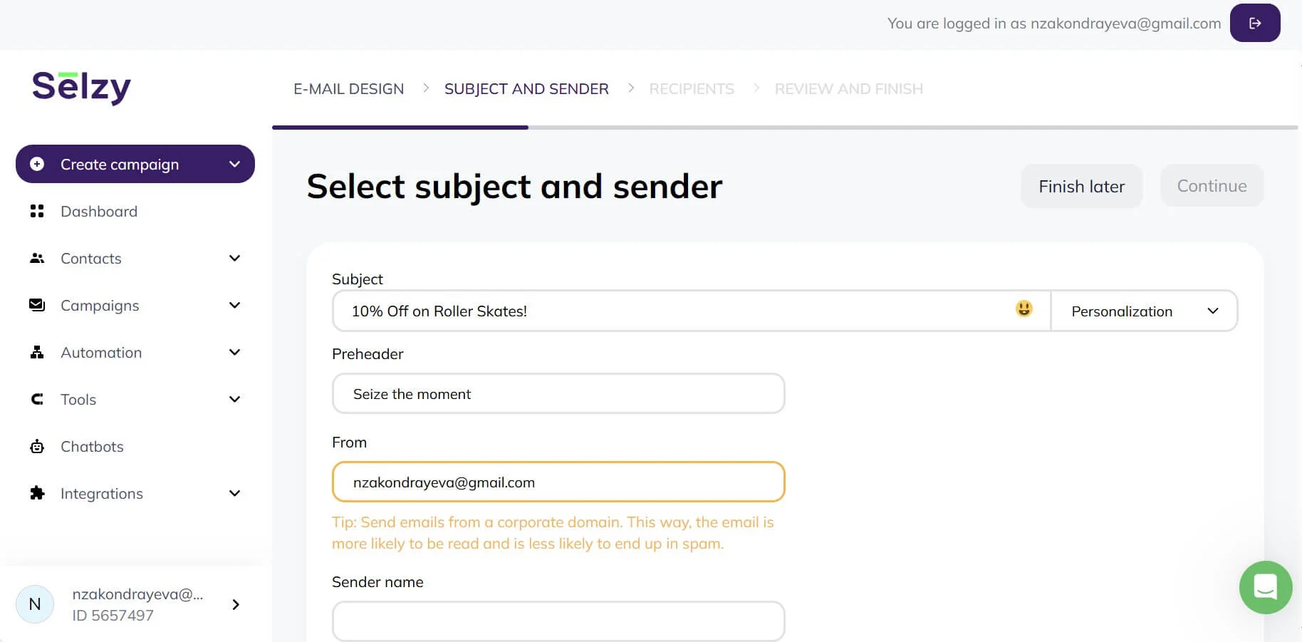 A screenshot of Selzy’s campaign sending process