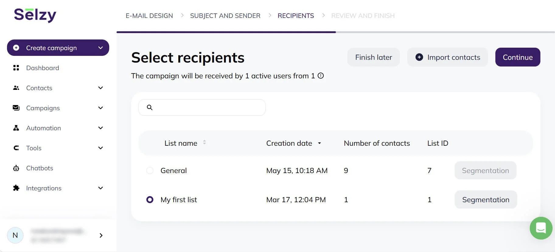 A screenshot of Selzy’s list selection