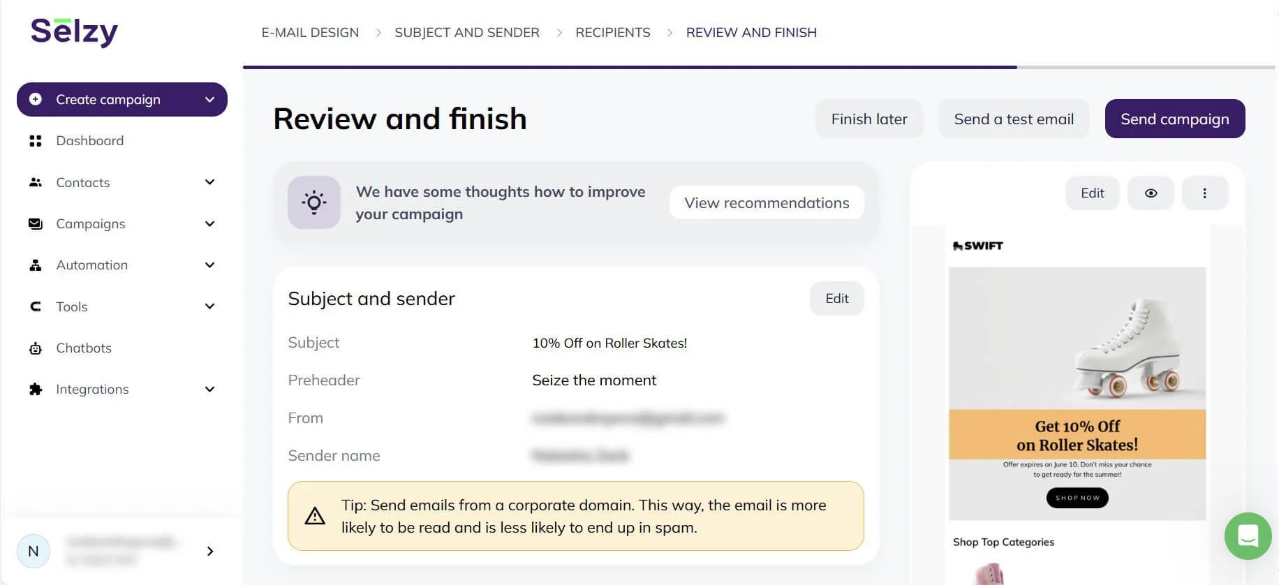A screenshot of the full campaign information before sending