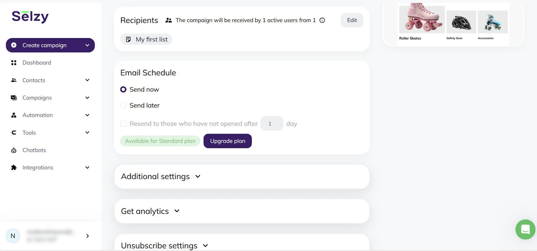 A screenshot of the full campaign information before sending