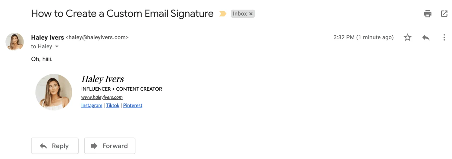 An influencer email signature example with a name, a surname, job title, website address and social media links