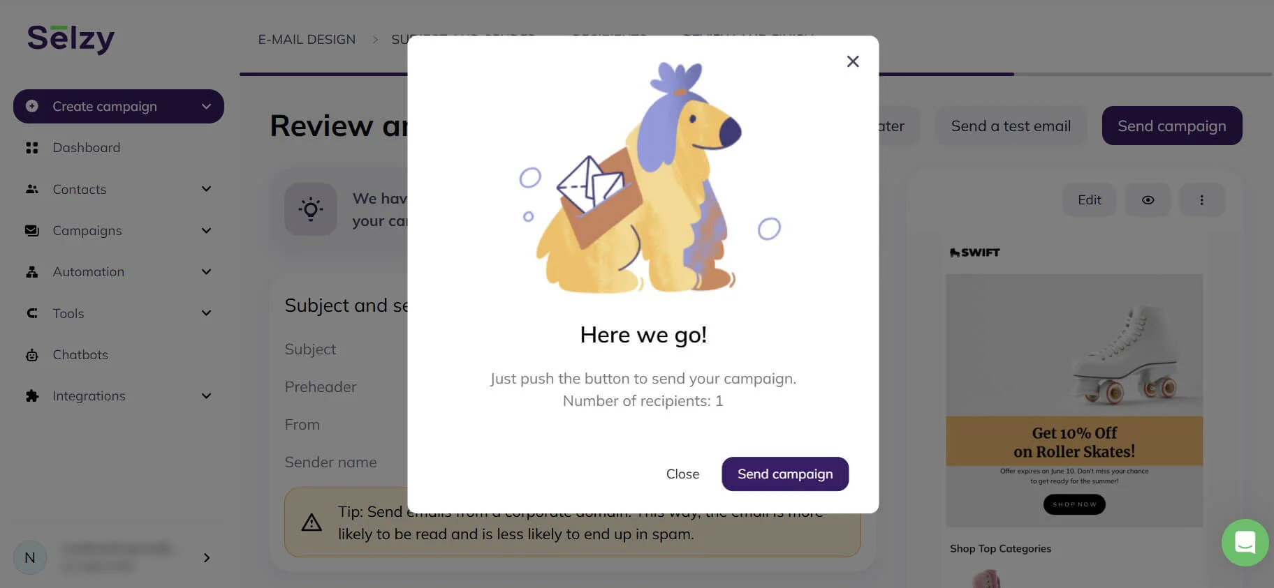Selzy’s confirmation message before sending