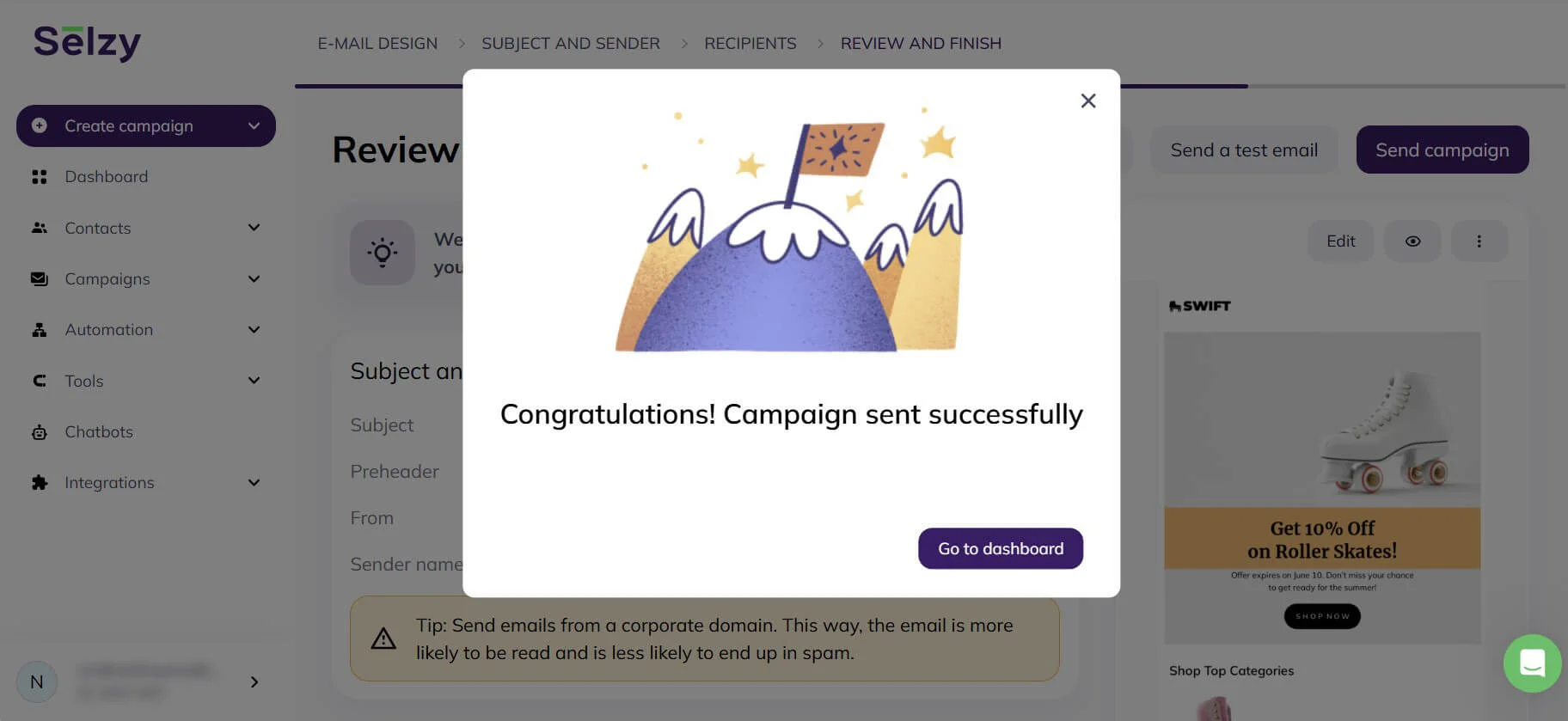 Selzy’s campaign launch success message