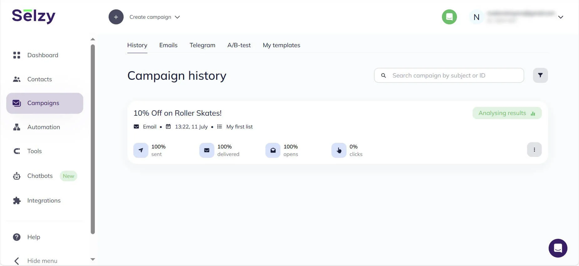 Selzy’s campaign analytics screen