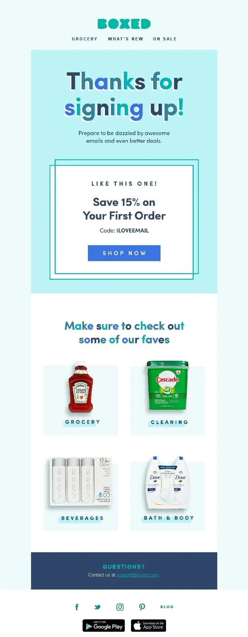 A welcome email thanking a user for signing up and offering a 15% discount on the first order