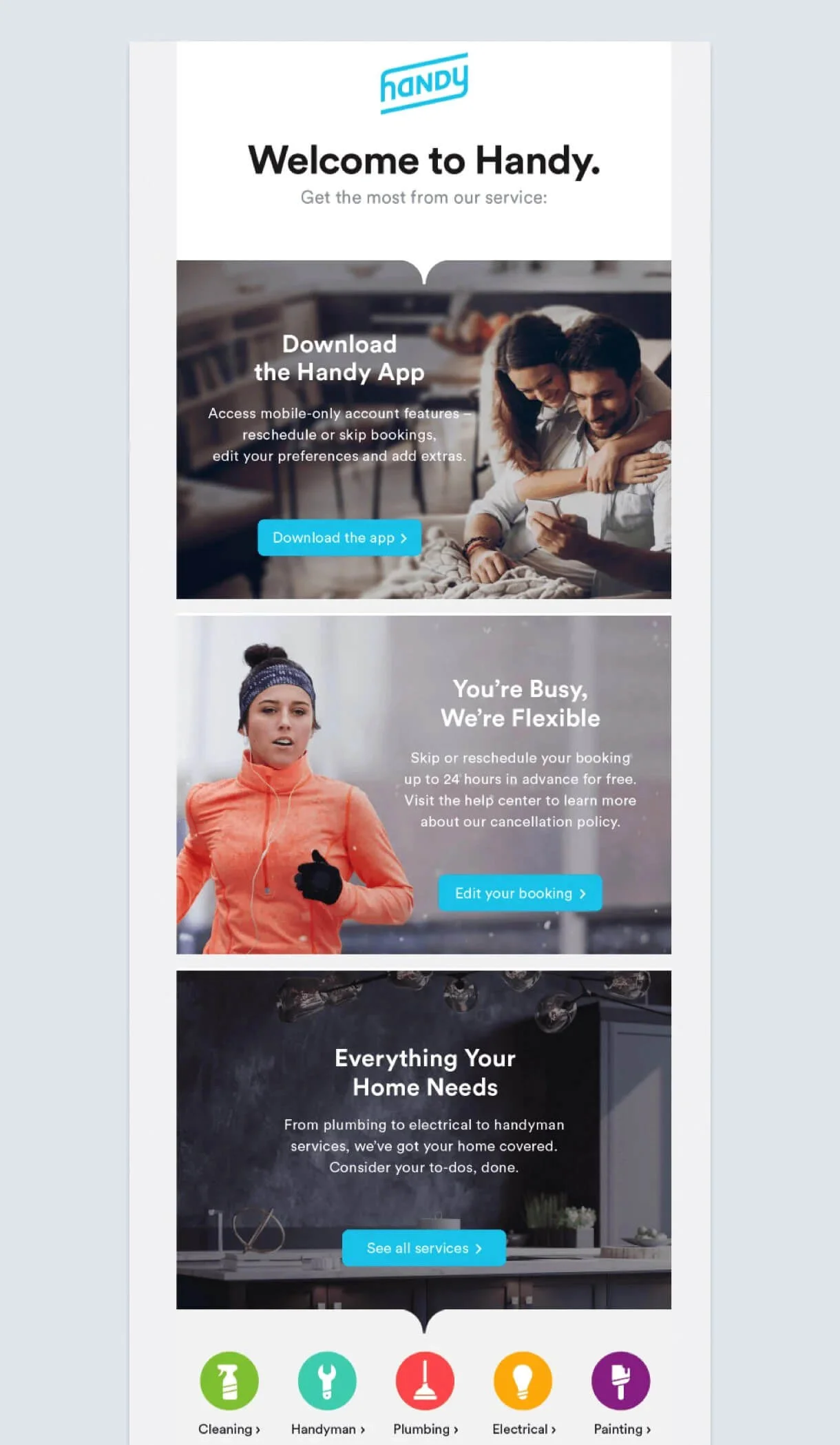 An email showing unique value proposition elements in three clearly separated sections