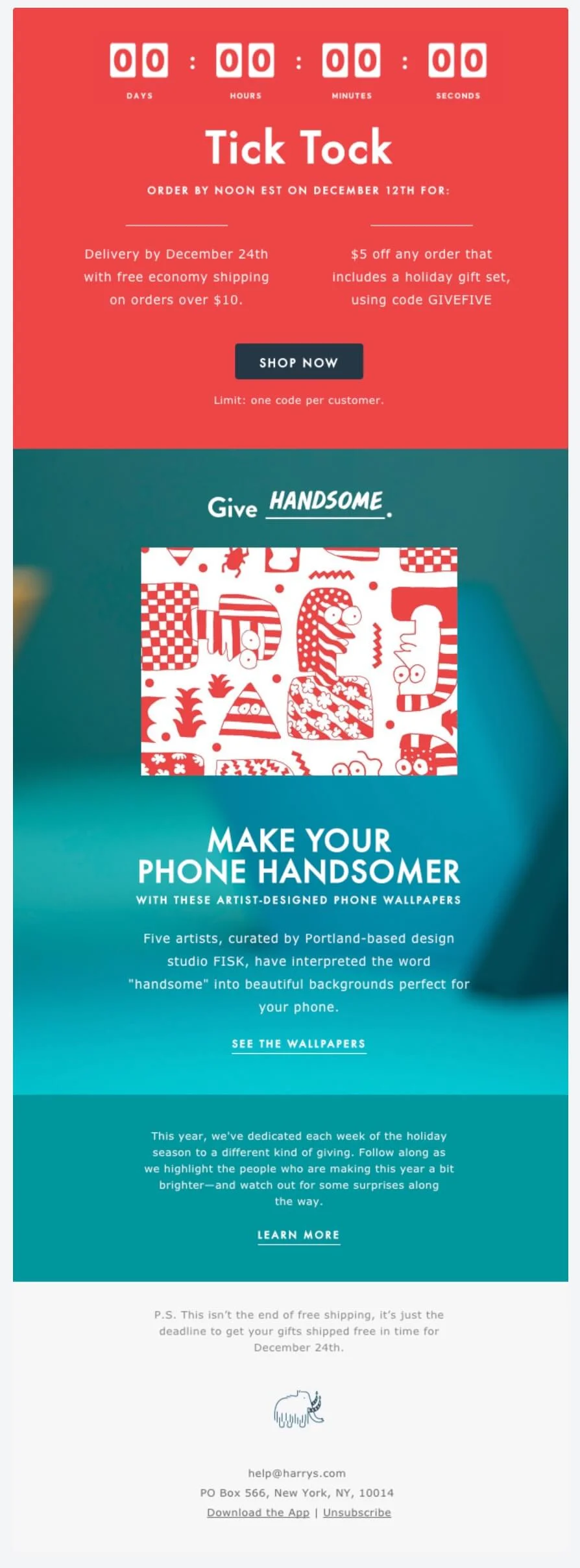 A holiday special offer email from Harry’s