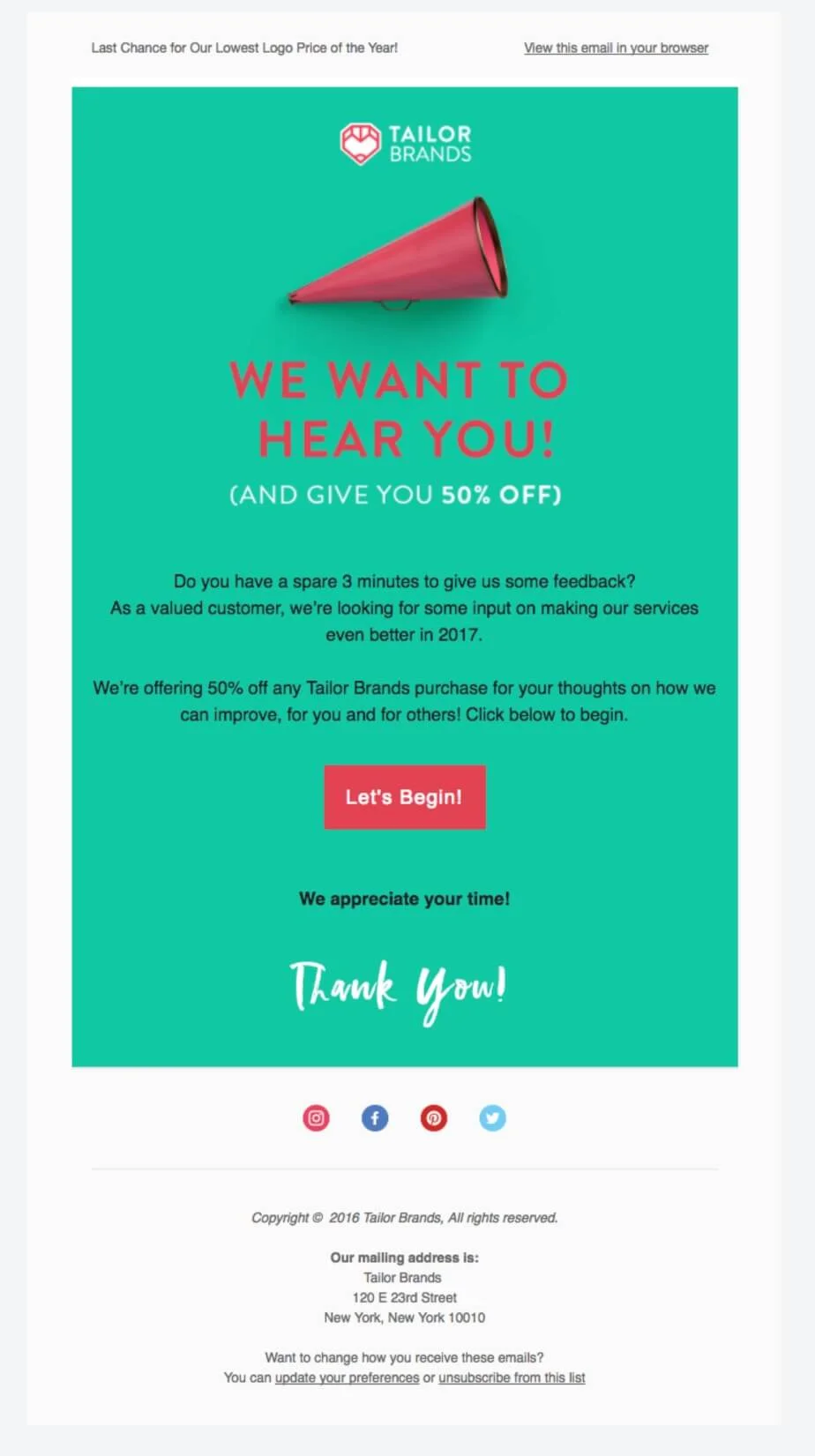 A survey email from Tailor Brands