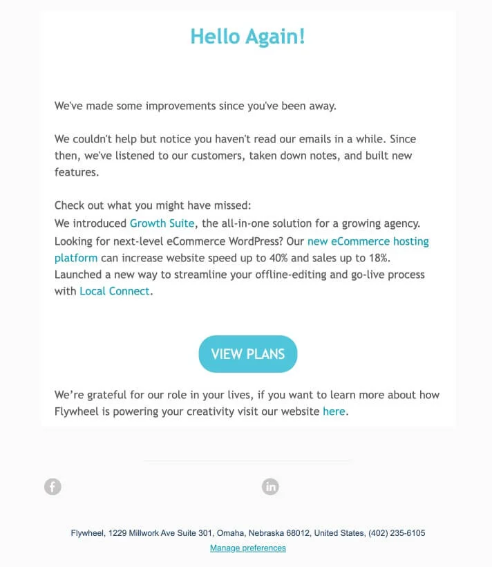 A re-engagement B2B email from Flywheel
