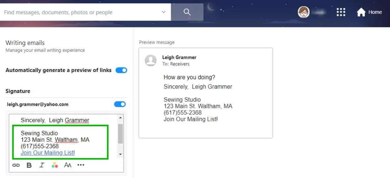 Sign-up link example in an email signature