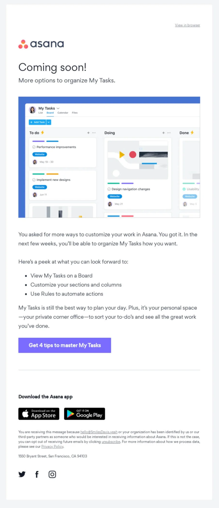 An announcement B2B email from Asana