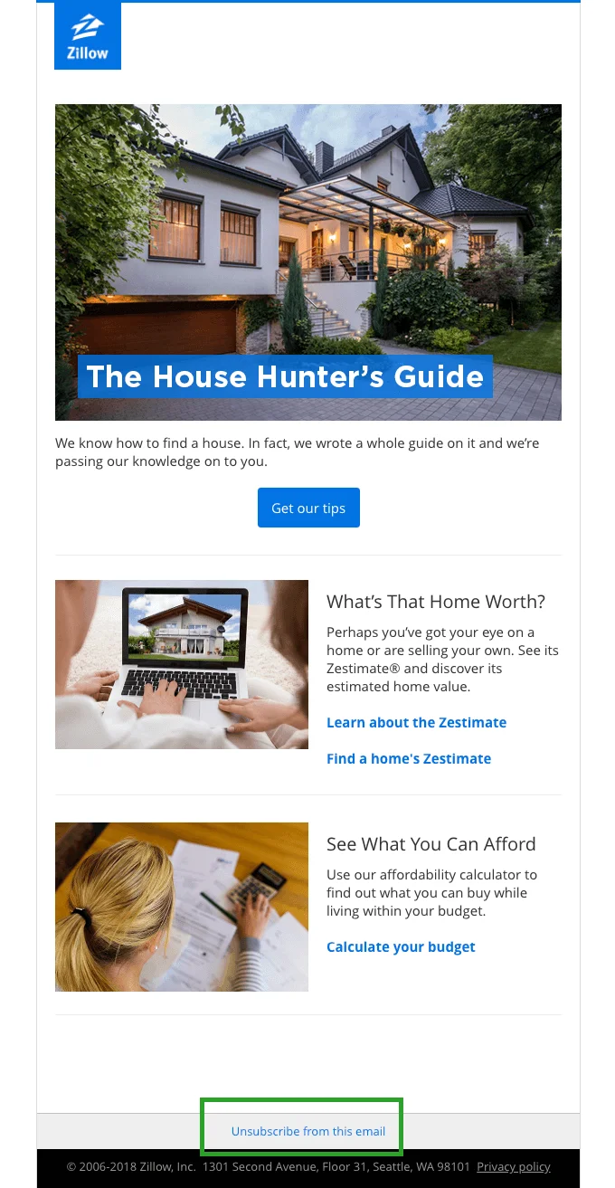 An example of an opt-out link in an email