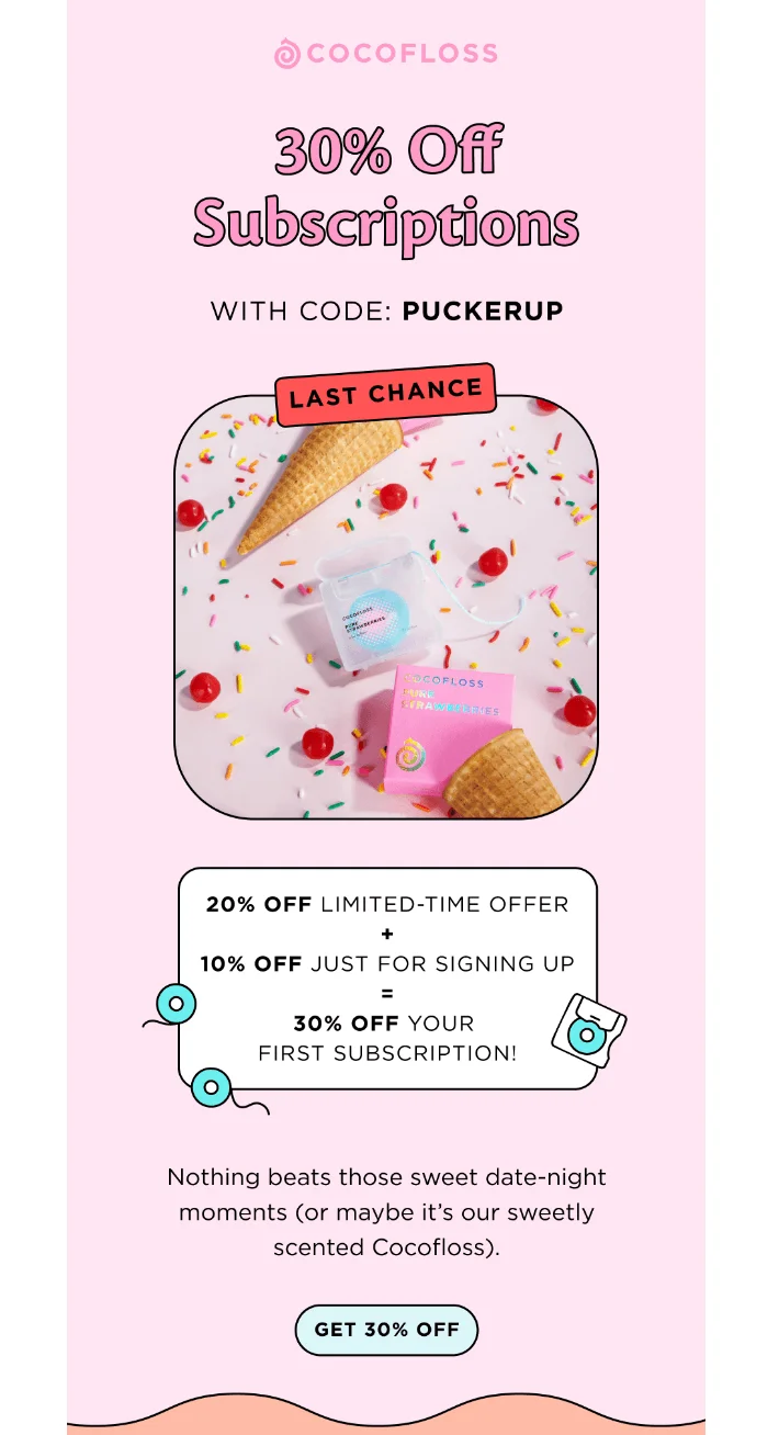 Cocofloss dental newsletter with promo offer