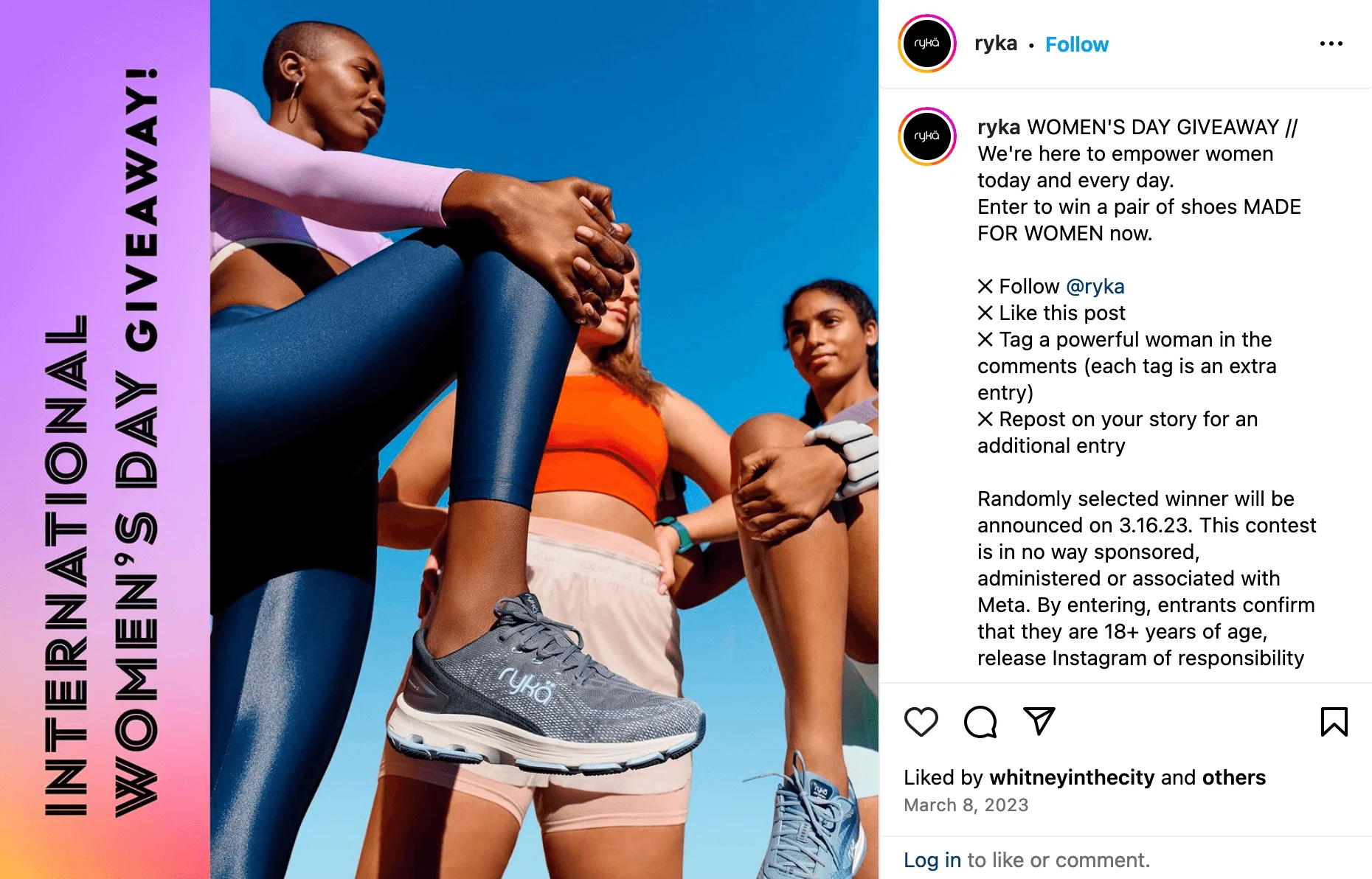 A giveaway post encouraging users to follow the account, like the post, tag a powerful woman, and repost the post to stories