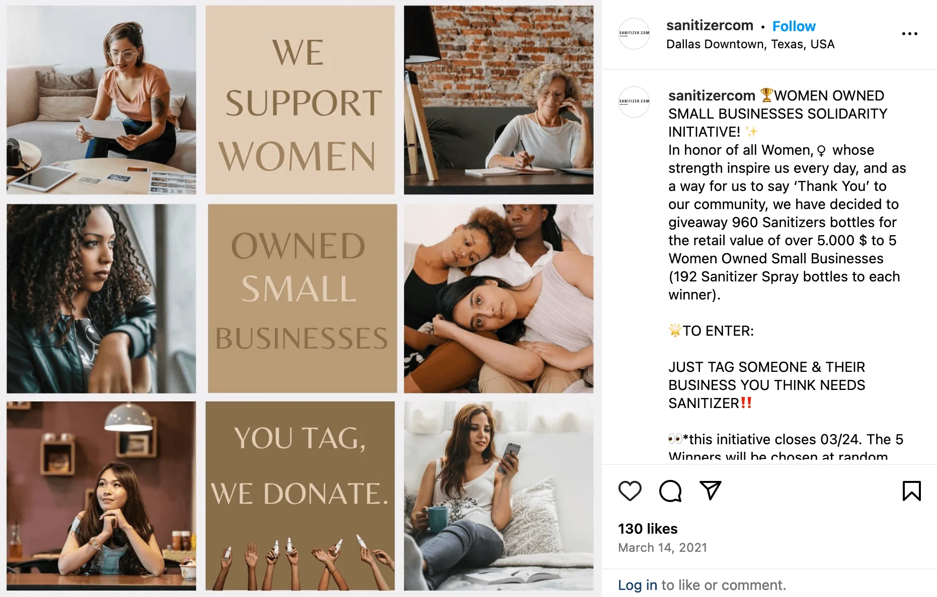 A giveaway post encouraging users to tag a woman and her business for a chance to get her free sanitizers