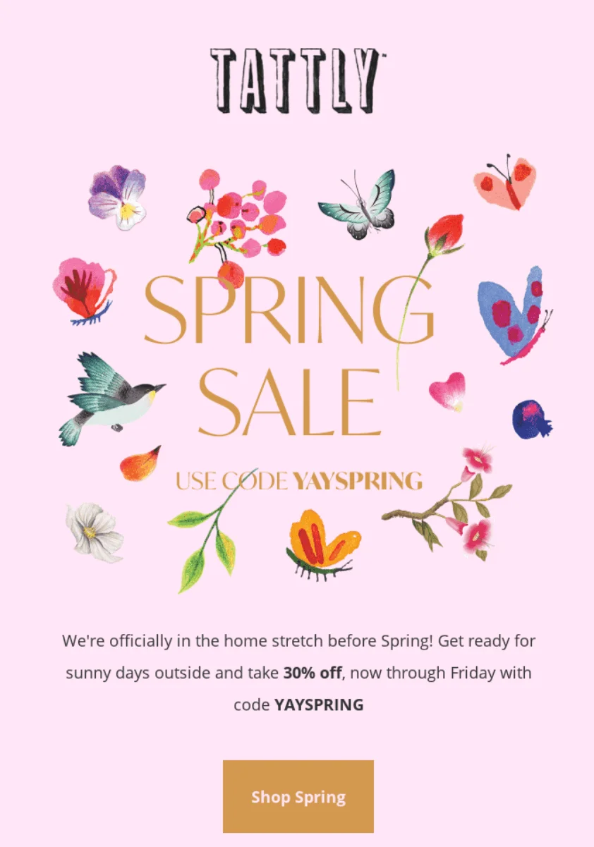 Spring sale email by Tattly with a dedicated code