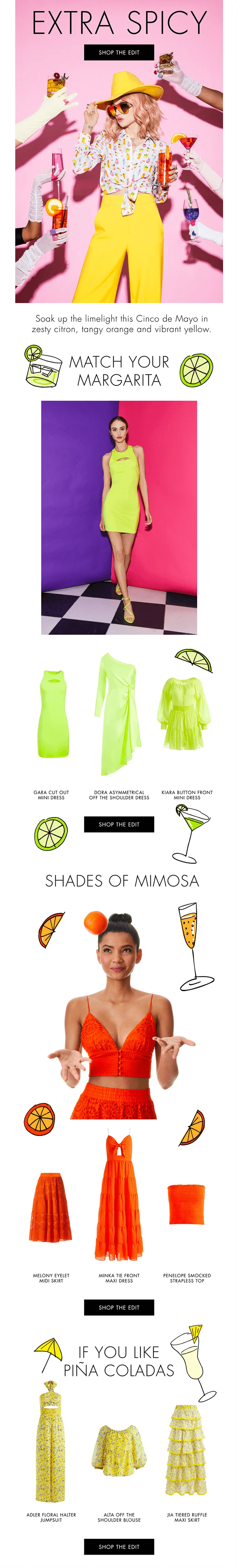 A Cinco de Mayo email with clothes recommendations to match different cocktails