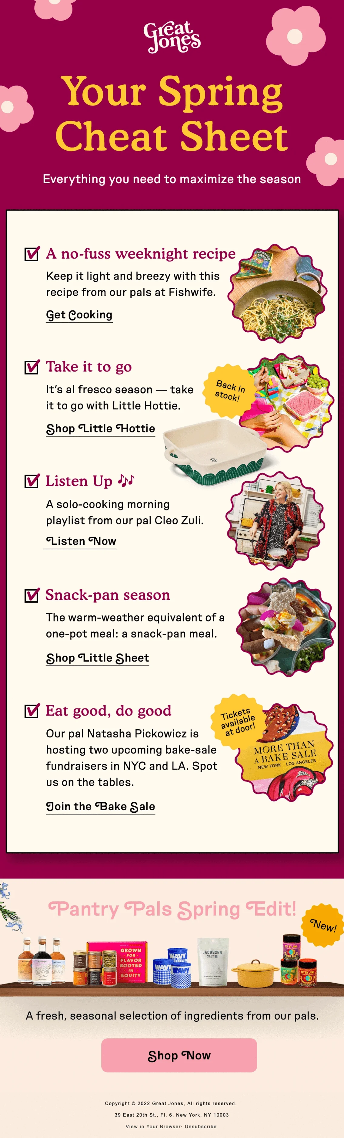 An email with a spring cheat sheet that includes a no-fuss weeknight recipe, taking it to go, listening up, and more.