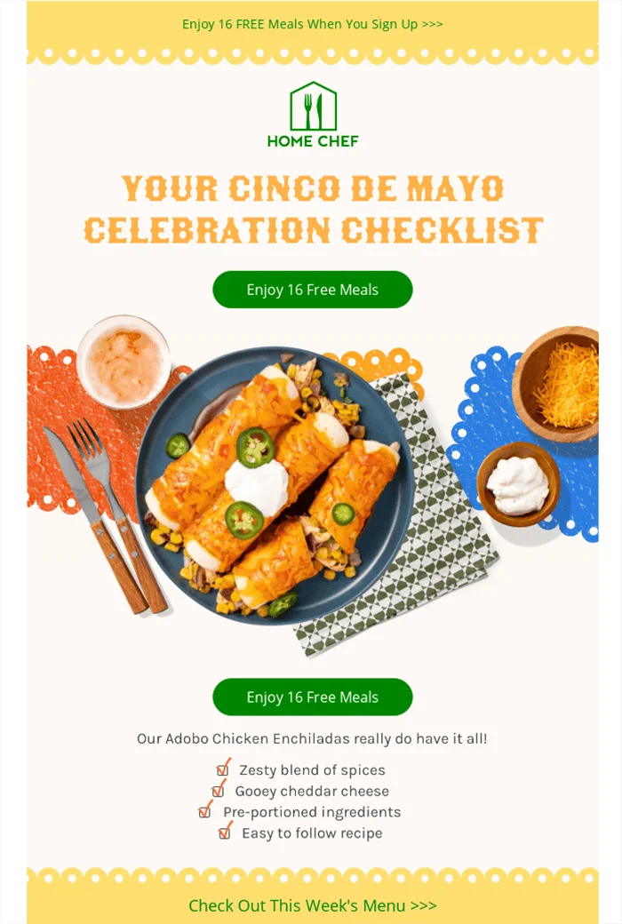 A Cinco de Mayo email with a celebration checklist and a photograph of enchiladas