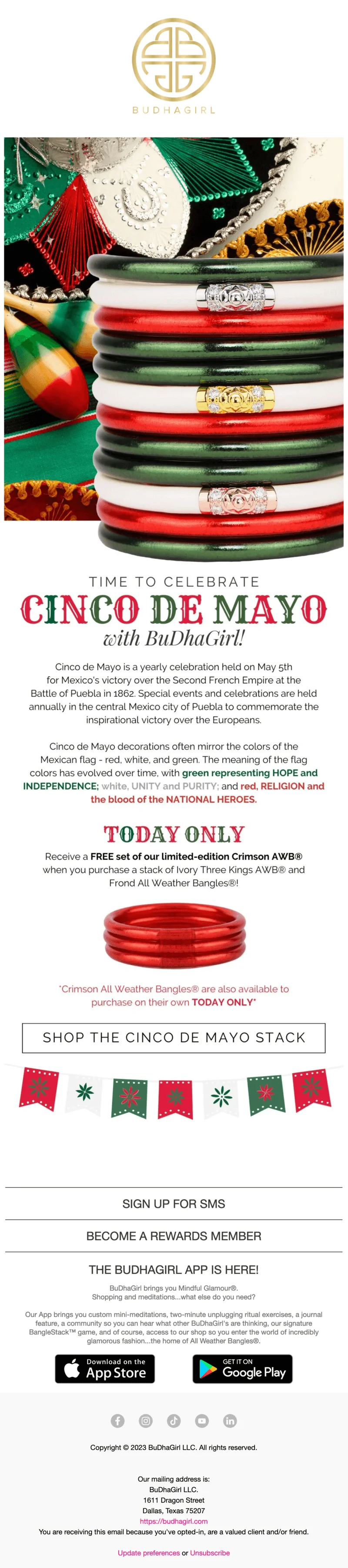 A Cinco de Mayo email featuring bracelets in the Mexican flag colors