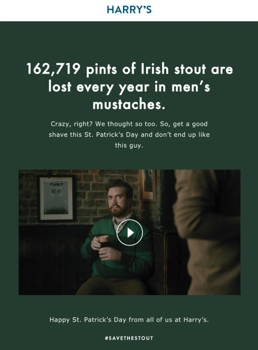 St. Patrick’s Day email stating how many pints of Irish stout are lost in men’s mustaches